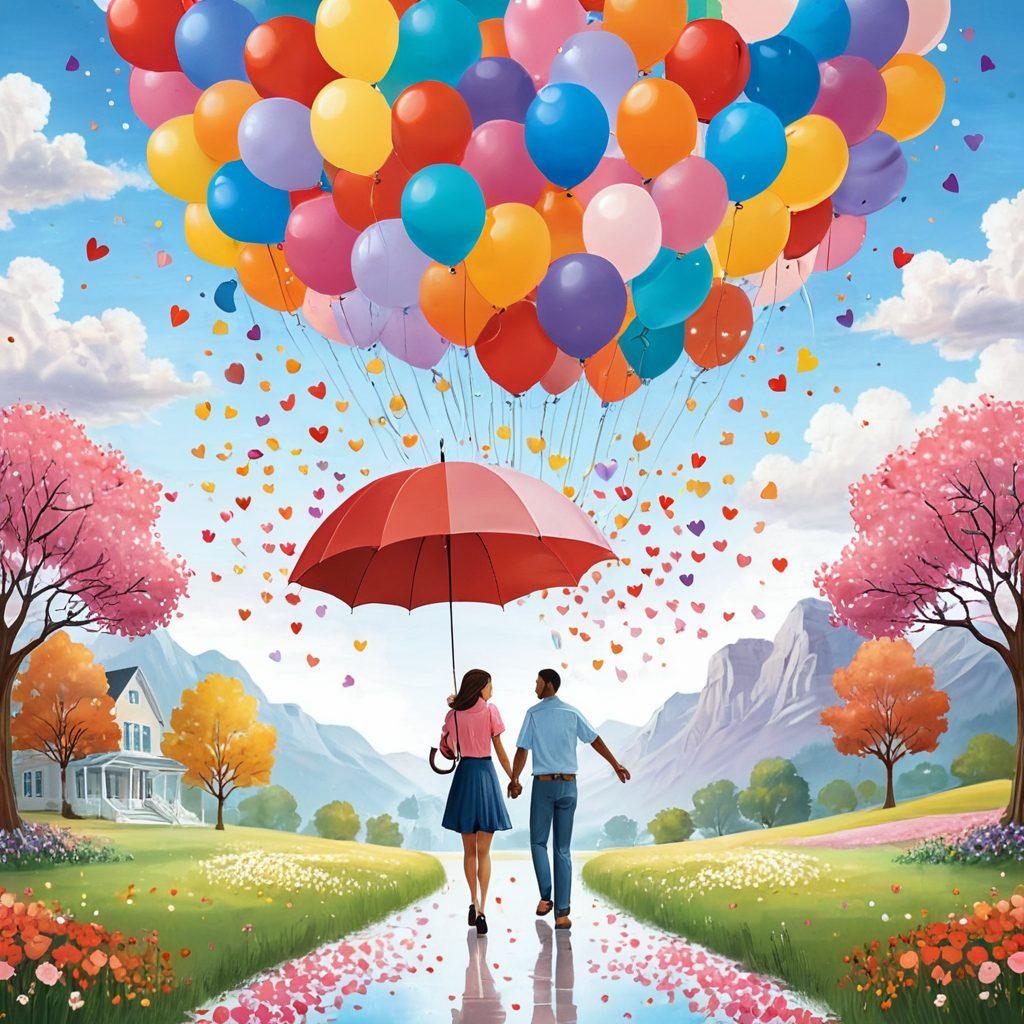 A whimsical scene of a couple joyfully holding hands under a colorful umbrella, symbolizing protection and love, surrounded by floating heart-shaped balloons and insurance policy documents gently falling like confetti. The background features a dreamy landscape with soft pastel colors, embodying celebration and security in relationships. cartoon style. vibrant colors. whimsical.