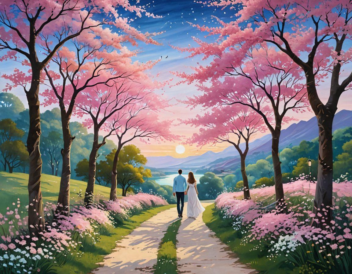 A beautifully illustrated intertwining path through a serene landscape, showcasing a couple walking hand-in-hand under a canopy of soft pink blossoms. Surround them with symbols of protection like a shield and heart motifs subtly integrated into the scenery. The atmosphere radiates a sense of celebration with hints of soft pastel colors and glittering stars in the sky. Capture the essence of romance and safety intertwined. vibrant colors. painting.