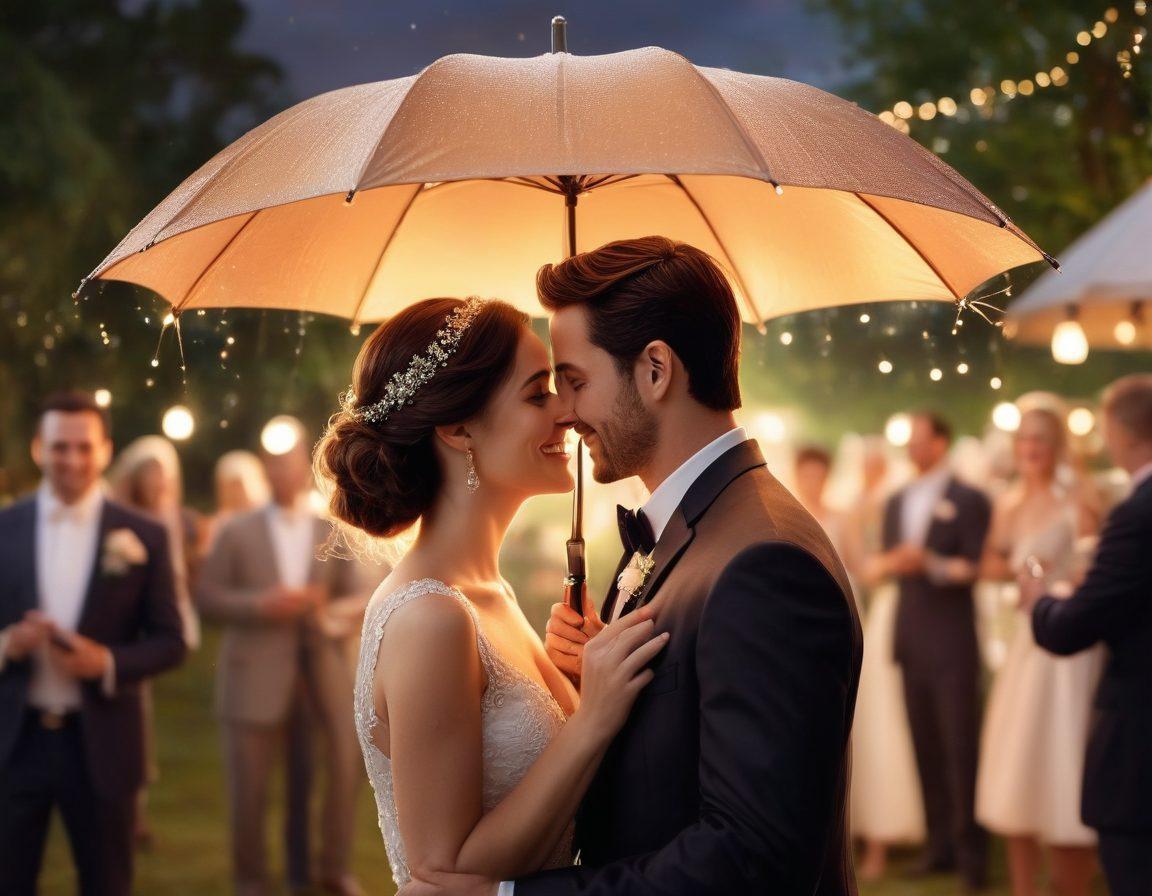 A heartwarming scene depicting a couple sharing a joyful moment at an outdoor event, surrounded by their friends and family. In the foreground, a symbolic umbrella represents protection and security over the gathering, while soft glowing lights create a magical atmosphere. Include elements like wedding rings, a camera capturing the moment, and a vibrant cake to represent celebrations. A serene sunset backdrop enhances the emotional depth of the scene. vibrant colors. super-realistic.